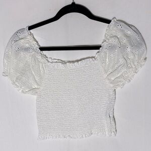 5/$25 Shein White Eyelet Puff Sleeve Smocked Crop Top XL